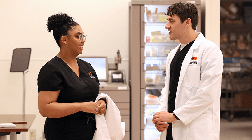 Admissions - Medical students talk in the simulation center on the OSU Center for Health Sciences campus in Tulsa, Okla.