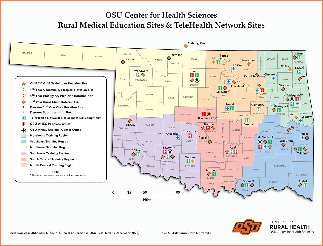 Map showing the Rural Medical Education and TeleHealth Network sites in Oklahoma. Data is described below.