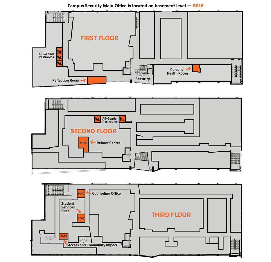 Map indicating room numbers and locations for safe spaces at the OSU-COM-CN Tahlequah campus