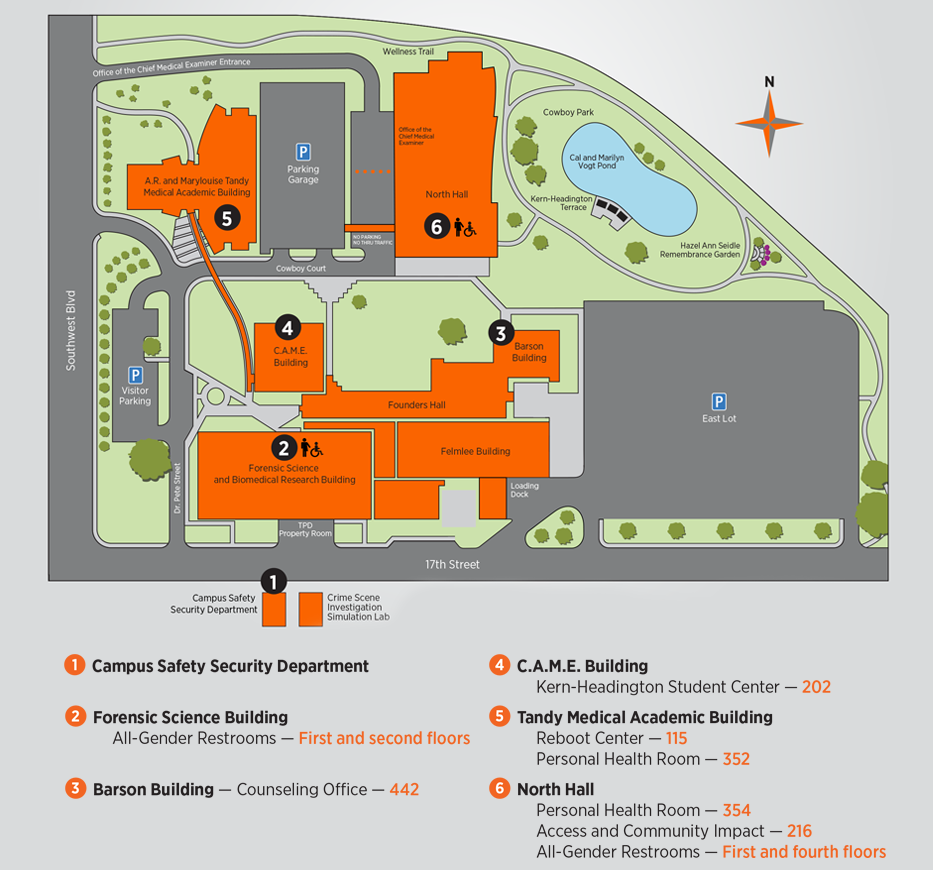 Map indicating room numbers and locations for safe spaces at the OSU-COM Tulsa campus