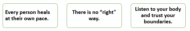 every person heals at their own pace, there is no right way, listen to your body and trust your boundaries