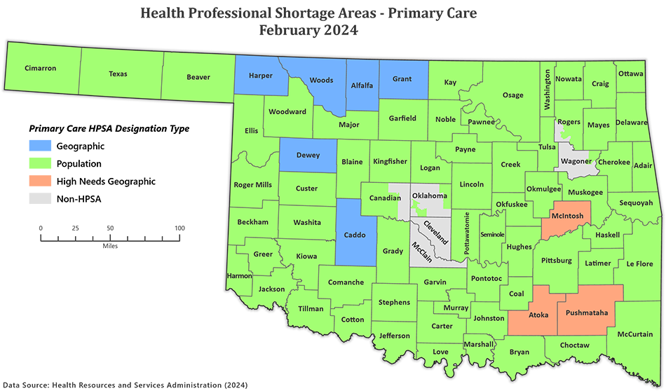 This is a image of the Health Professional Shortage Areas - Primary Care February 2024 Chart.